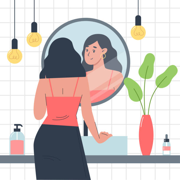 Everyday personal care, skincare daily routine, girl stands in front of a mirror in the bathroom and looks at herself in reflection Everyday personal care, skincare daily routine, girl stands in front of a mirror in the bathroom and looks at herself in reflection woman mirror stock illustrations