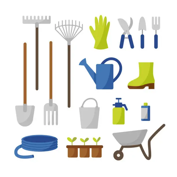 Vector illustration of Vector collection of gardening tools in flat style isolated on a white background. Garden work. Farming set