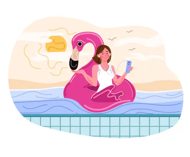 Vector illustration of Young female character is relaxing in the pool