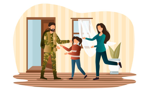 Male character returning home from military service Male character returning home from military service. Little daughter and wife are happy to meet soldier father. Warfare action serviceman is back home to his family. Flat cartoon vector illustration military family stock illustrations