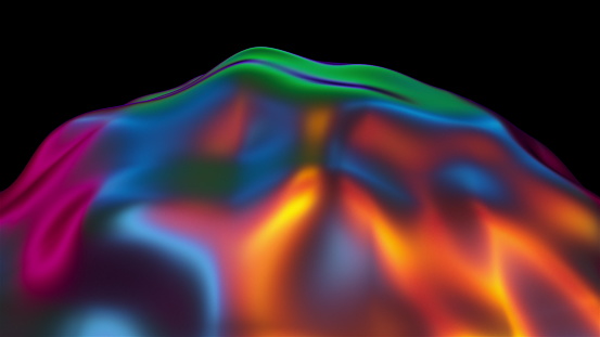 Fluid iridescent blob with a bumpy surface, computer generated, 3d rendering abstract backdrop