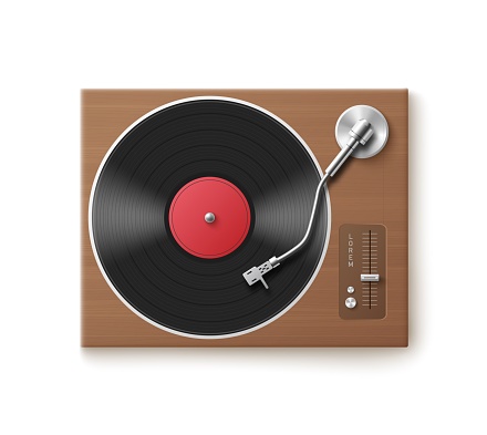 Top view of vinyl disc turntable player, realistic vector illustration isolated on white background. Retro vintage equipment template for music recording and playing.
