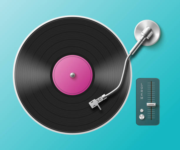 Retro music turntable for audio vinyl records a vector realistic 3d illustration Retro music turntable for vinyl records. Vintage gramophone sound player with black audio disc with purple label. Vector realistic 3d illustration on blue background. gramophone stock illustrations