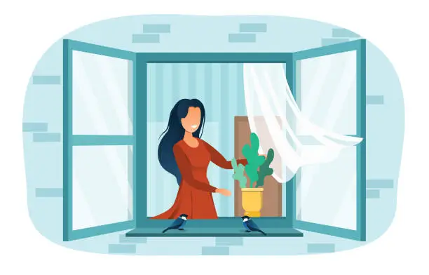 Vector illustration of Smiling female neighbor girl dreaming at open window