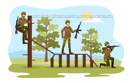 Three male characters are training for soldiers together. Men in camouflage are overcoming obstacles to become stronger. Concept of military training. Flat cartoon vector illustration