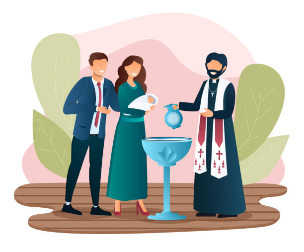 Male priest is baptising a newborn child Male priest is baptising a newborn child. Concept of sacrament of baptism. Happy family is holding a baby and about to dip in holy water. Flat cartoon vector illustration christening stock illustrations