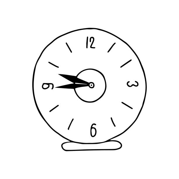 istock Vector outline illustration of a black round glass alarm clock is on a white wall background 1306541447