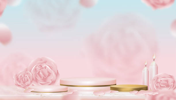 istock Podium Showcase display English rose, aroma candle with pink and yellow gold stand, Vector illustration Realistic 3D of Pink Gold Cylinder Stand platform  on blurry spring flower background 1306542633