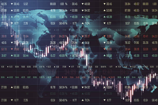 istock Crisis concept with falling financial chart indicators and market quotes on digital world map background 1306542827