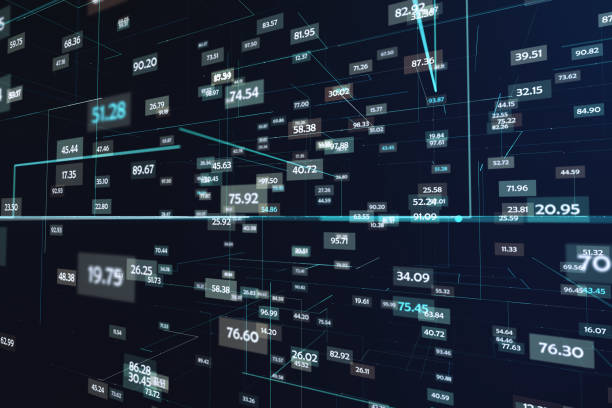 istock Big and statistic data concept with digital numbers and lines in virtual space on dark background 1306542955