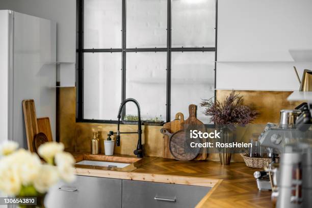 Stylish Kitchen Interior With Wooden Table Top Stock Photo - Download Image Now - Beauty, Color Image, Cooking