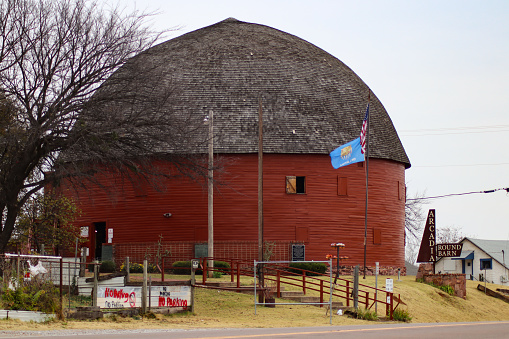 11 13 2018  Arcadia Oklahoma USA   1898 Red Round Barn landmark on historic Route 66