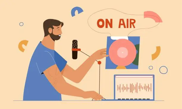 Vector illustration of Music podcast or radio show concept, man talking in microphone, recording stream. Vector illustration in flat style