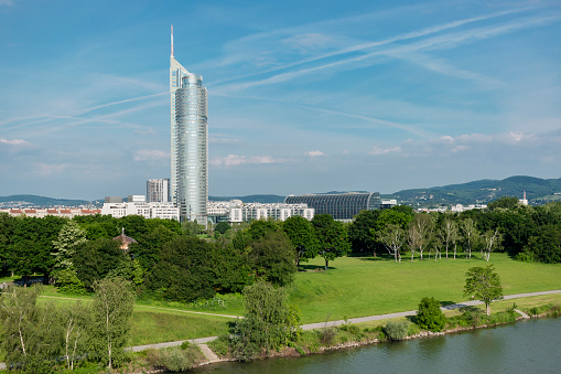 01 June 2019 Vienna, Austria -  View on The Millennium Tower, built in 1999, designed by Gustav Peichl, Boris Podrecca and Rudolf Weber.
