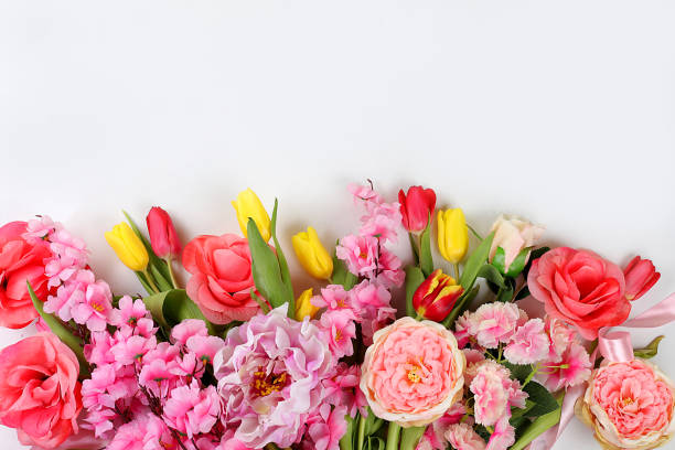 istock Spring or summer flower composition, still life, banner, minimal holiday concept. Greeting card for mother's day, women's day, valentine's day, happy birthday, wedding, selective focus 1306551333
