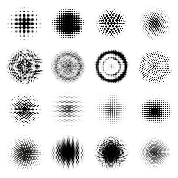 Halftone round patterns. Circle dots gradient vector frames, dotted texture halftone texture. Abstract dotted round shapes vector illustration set Halftone round patterns. Circle dots gradient vector frames, dotted texture halftone texture. Abstract dotted round shapes vector illustration set. Black gradient rings of dots and spots polka dot stock illustrations