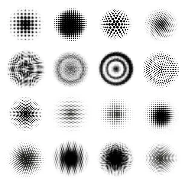 Vector illustration of Halftone round patterns. Circle dots gradient vector frames, dotted texture halftone texture. Abstract dotted round shapes vector illustration set