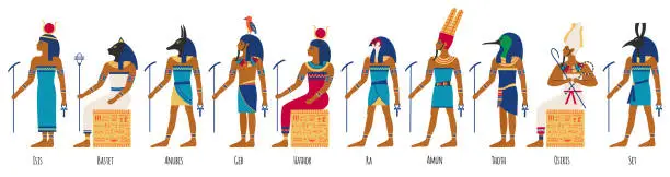 Vector illustration of Ancient egyptian gods. Egyptian culture gods, Anubis, Osiris, Isis, Bastet and Amun Ra. Historical egyptian culture characters vector illustration set