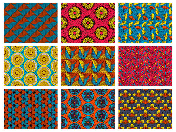 African wax pattern. Abstract floral seamless ornament, vintage decorative african textile vector background illustration set. Fashion wax fabric texture African wax pattern. Abstract floral seamless ornament, vintage decorative african textile vector background illustration set. Fashion wax fabric texture. Tribal floral motifs fashion style african pattern stock illustrations