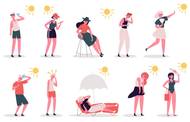 People in hot weather. Male and female characters suffer from heat, summer extreme hot weather. Seasonal summertime heat vector illustration set People in hot weather. Male and female characters suffer from heat, summer extreme hot weather. Seasonal summertime heat vector illustration set. Sunbathing under umbrella, looking at thermometer melting girl stock illustrations