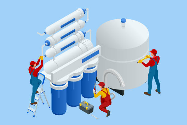 ilustrações de stock, clip art, desenhos animados e ícones de isometric installing or repairing system of water filtration at home concept. fix purification osmosis system. drinking water. sanitary work. engineering networks in the house. - desalination