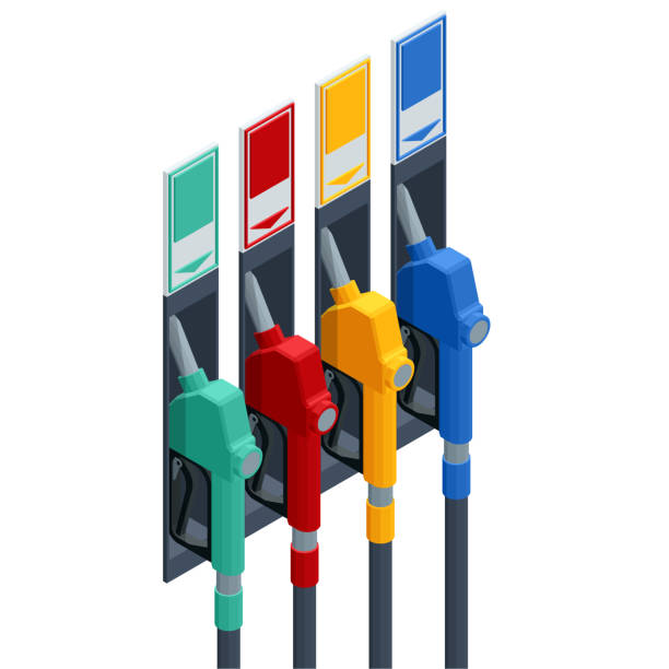 Isometric fuel pumps at a gas station. Colorful Petrol pump filling nozzles isolated on white background Isometric fuel pumps at a gas station. Colorful Petrol pump filling nozzles isolated on white background. symbol fuel and power generation fossil fuel fuel pump stock illustrations