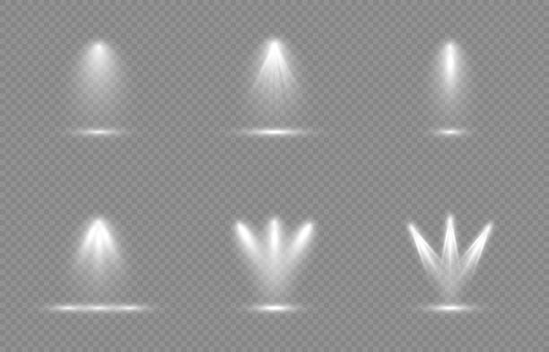 ilustraciones, imágenes clip art, dibujos animados e iconos de stock de conjunto vectorial de luz. fuente de luz, iluminación de estudio, paredes, png. haces de luz, efecto de luz. - efecto de luz
