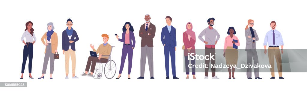 Multinational business team. Vector illustration of diverse cartoon men and women of various ethnicities, ages and body type in office outfits. Isolated on white. People stock vector