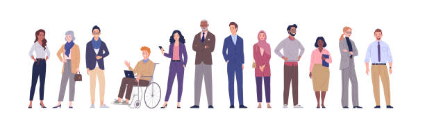Multinational business team. Vector illustration of diverse cartoon men and women of various ethnicities, ages and body type in office outfits. Isolated on white. adult stock illustrations