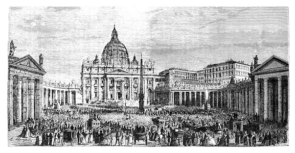 St. Peter's Square ( Italian: Piazza San Pietro - Latin: Forum Sancti Petri ) is a large plaza located directly in front of St. Peter's Basilica in the Vatican City, the papal enclave inside Rome, directly west of the neighborhood ( rione ) of Borgo.
Original edition from my own archives
Source : Tour du monde 1867
Drawing : H. Clerget - Gauchard