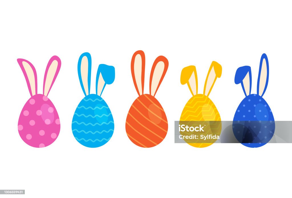 Huevos de Pascua con orejas de conejo, conejos vectoriales coloridos, lindos personajes de dibujos animados - arte vectorial de Conejo de pascua libre de derechos