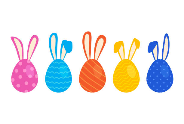 ilustraciones, imágenes clip art, dibujos animados e iconos de stock de huevos de pascua con orejas de conejo, conejos vectoriales coloridos, lindos personajes de dibujos animados - easter bunny