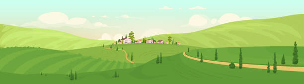 ilustrações, clipart, desenhos animados e ícones de antiga ilustração vetorial de cor plana da vila da colina - tuscany backgrounds italy textured