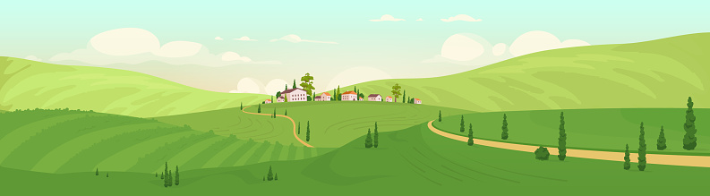 Old hilltop village flat color vector illustration. Luxury villas 2D cartoon landscape with green hills on background. Summer vacation destination. Calm rural area scenery. Small Italian town view
