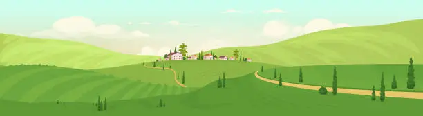 Vector illustration of Old hilltop village flat color vector illustration