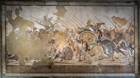The Alexander Mosaic is a Roman floor mosaic originally from the House of the Faun in Pompeii (an alleged imitation of a Philoxenus of Eretria or Apelles' painting) that dates from circa 100 BC