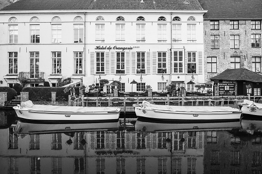 Brugge, Belgium; January 23rd 2020: Boats parked in the canal