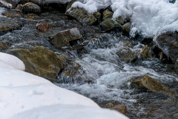 istock Waterfall, river with rapids and cold winter mountain landscape 1306563813