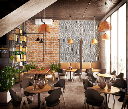 3d render of vintage cafe restaurant, coffee shop