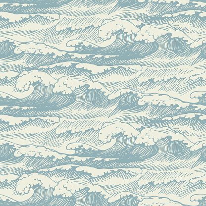 Vector seamless pattern with hand-drawn waves. Decorative illustration of the sea or ocean, stormy waves with breakers of sea foam. Repeating background in retro style