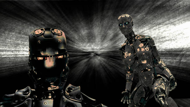 istock Metallic cyborg and robot on black background 1306569110