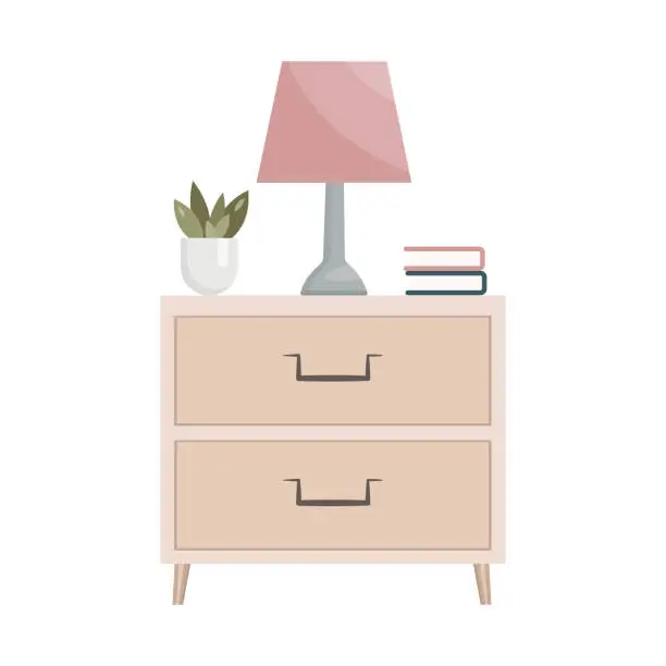 Vector illustration of A bedside table with a lamp, a books and a indoor flower. The interior of the bedroom. Nightstand in flat style. Vector illustration isolated on white background