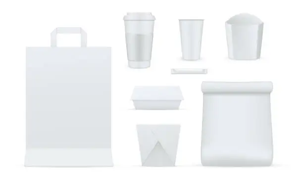 Vector illustration of Packaging for food, drinks empty realistic mockups set. Paper cup, carton box, container.