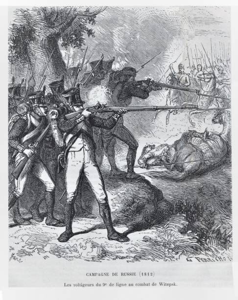 Napoleon Invades Russia 1812, French & Russian History Napoleon Bonaparte achieved victory at Witepsk (Vitebsk), Russia, in 1812. French, Russian, and European history. Illustration published in Cent Recits: D’Histoire De France by Gustave DuCourdray (Librairie Hachette, Paris) in 1887. bayonet stock illustrations