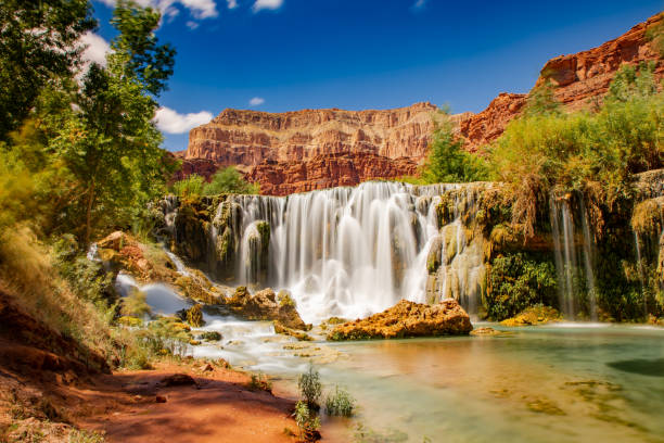 Havasupai Waterfall at arizona - US Havasupai Waterfall at arizona - US - long exposure havasupai indian reservation stock pictures, royalty-free photos & images