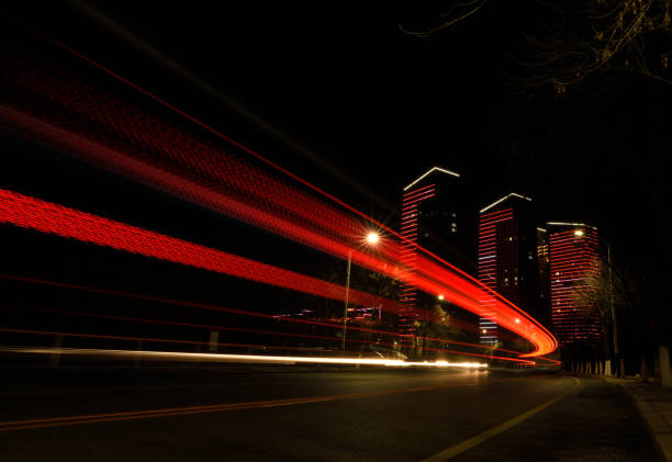 The headlights made long tracks,Night scenery in Rizhao, Shandong province.