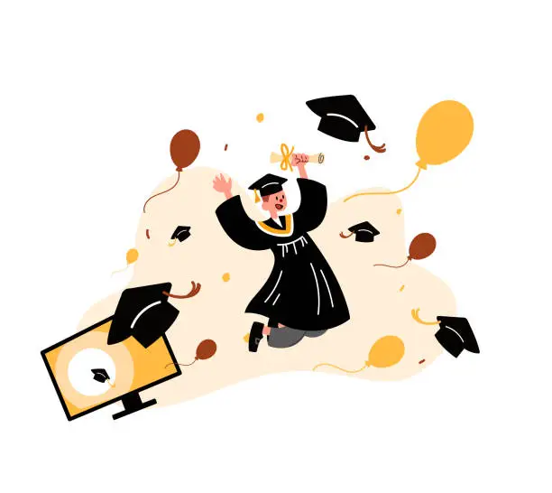 Vector illustration of Online virtual graduation ceremony. A scholar celebrate at home during quarantine together with family or friend flat vector illustration.