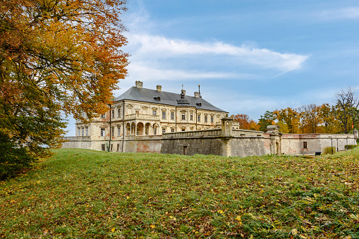 Pidhirtsi Castle, Lviv region, Ukraine - October, 29, 2020: Pidhirtsi Castle is a residential castle-fortress located in the village of Pidhirtsi. Palace with bastion fortifications.