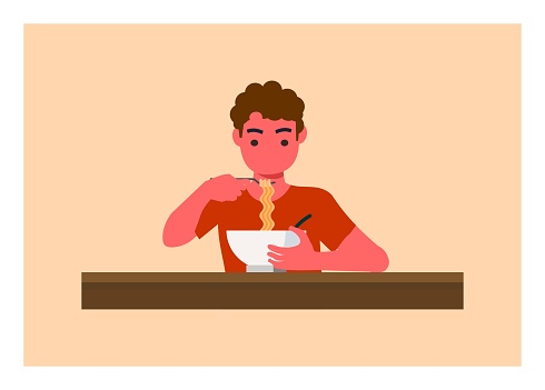 Simple flat illustration of a curly haired boy eating noodle.