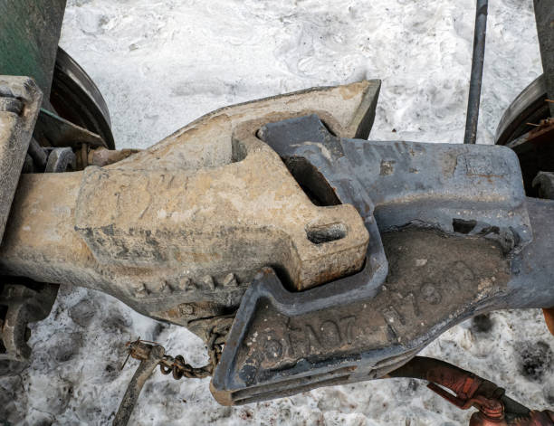 istock A Railway Coupler between freight cars. End view of coupler, with release lever. Close-up. Directly above. 1306595162